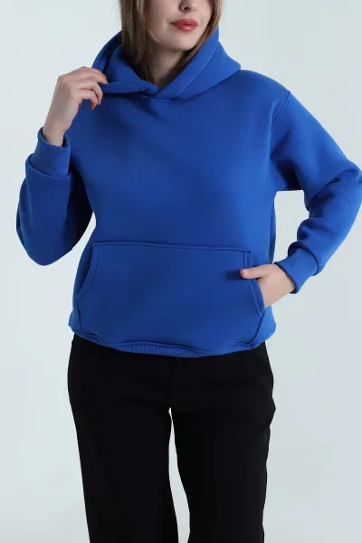 Saks Mavisi Sırtı Pul İşlemeli Şardonlu Kadın Fermuarsız Sweat 494470