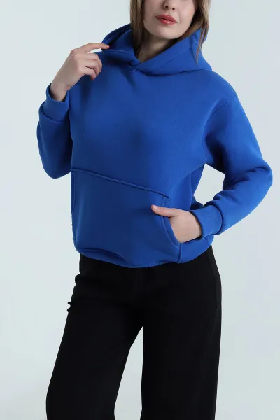 Saks Mavisi Sırtı Pul İşlemeli Şardonlu Kadın Fermuarsız Sweat 494470
