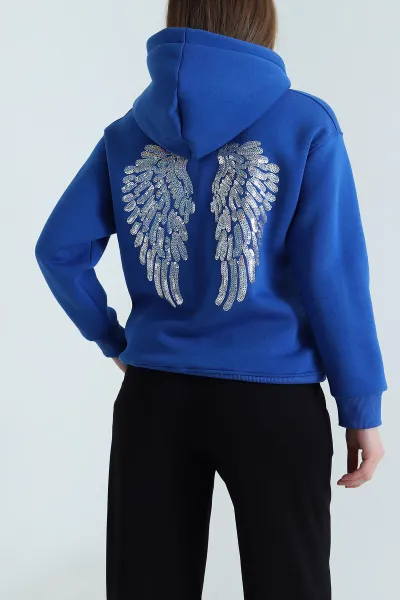 Saks Mavisi Sırtı Pul İşlemeli Şardonlu Kadın Fermuarsız Sweat 494470