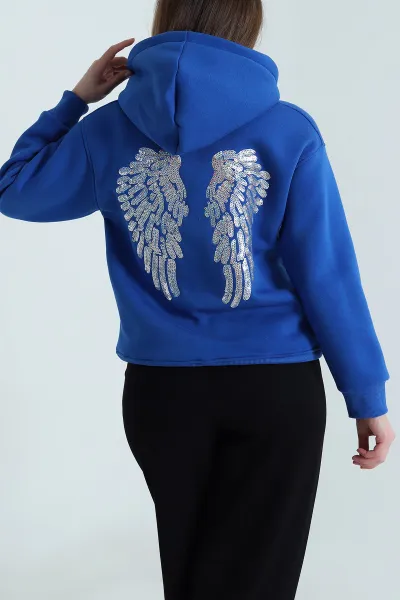 Saks Mavisi Sırtı Pul İşlemeli Şardonlu Kadın Fermuarsız Sweat 494470