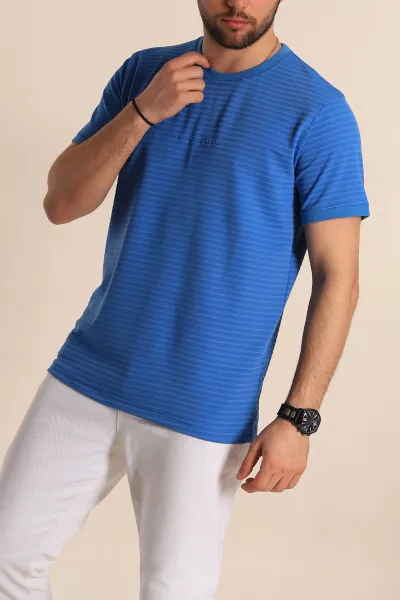 Saks Mavisi Slim Fit Çizgi Detay Likralı Erkek Tişört 268686