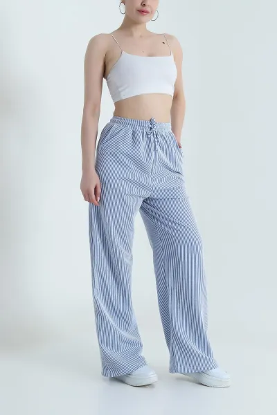 Saks Mavisi Su Yolu Çizgili Kadın Pantolon 473891