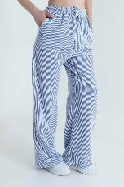 Saks Mavisi Su Yolu Çizgili Kadın Pantolon 473891