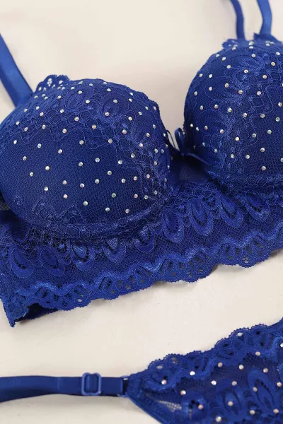 Saks Mavisi Taşlı Dantelli Destekli Sütyen Takımı 374802