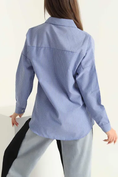 Saks Mavisi Tek Cep Oversize Tunik Gömlek 286279