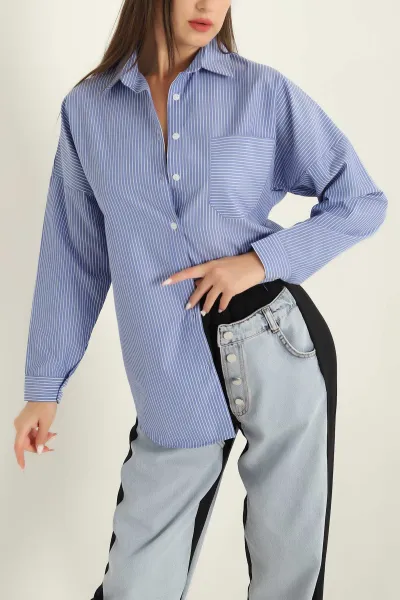 Saks Mavisi Tek Cep Oversize Tunik Gömlek 286279