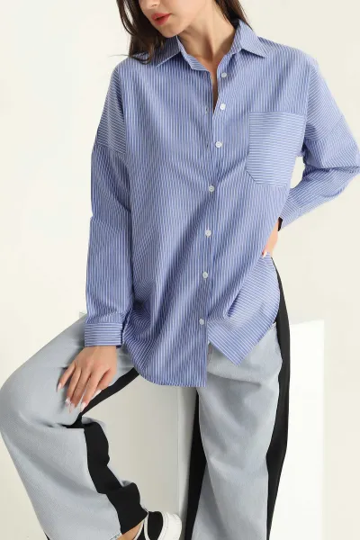 Saks Mavisi Tek Cep Oversize Tunik Gömlek 286279