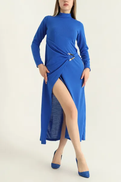 Saks Mavisi Triko Yandan Tokalı Balıkçı Elbise 307533