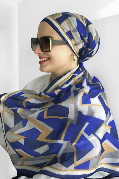 Saks Mavisi-Turuncu 90x90 Cm Dijital Baskı Geometri Desenli Pamuk Eşarp 372985