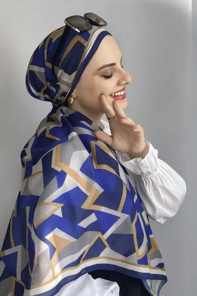 Saks Mavisi-Turuncu 90x90 Cm Dijital Baskı Geometri Desenli Pamuk Eşarp 372985