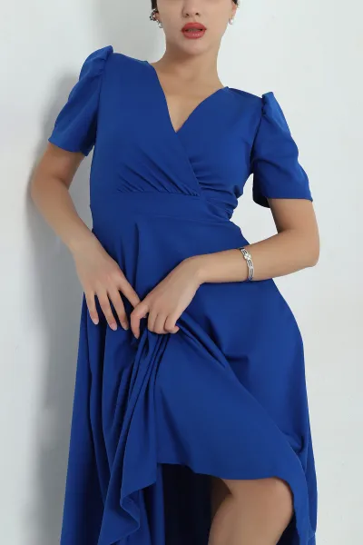 Saks Mavisi V Yaka Kısa Kol Krep Kadın Elbise 368408