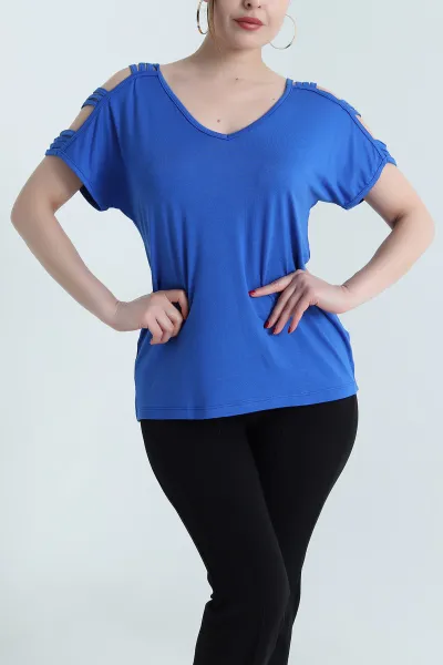 Saks Mavisi V Yaka Omuz Detay Kadın Bluz 468412