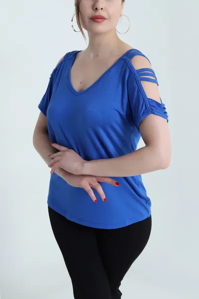 Saks Mavisi V Yaka Omuz Detay Kadın Bluz 468412