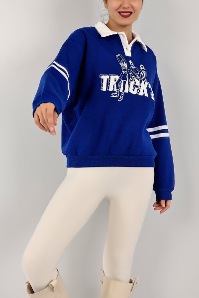 Saks Mavisi Yakalı İçi Şardonlu Bayan Sweat 143459