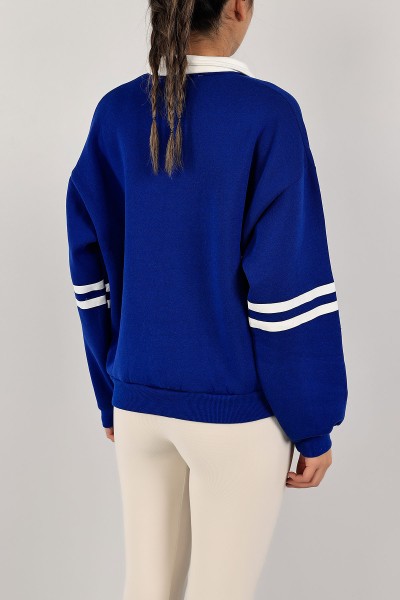 Saks Mavisi Yakalı İçi Şardonlu Bayan Sweat 143459