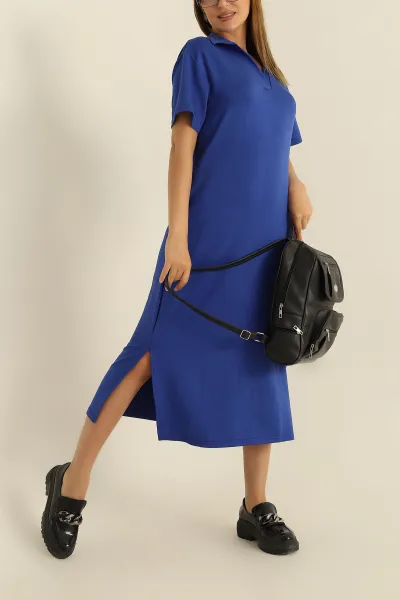 Saks Mavisi Yakalı Yırtmaçlı Modal Elbise 284434