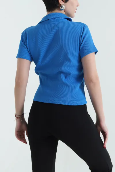 Saks Mavisi Yakası Fermuarlı Fitilli Kadın Tişört 433826