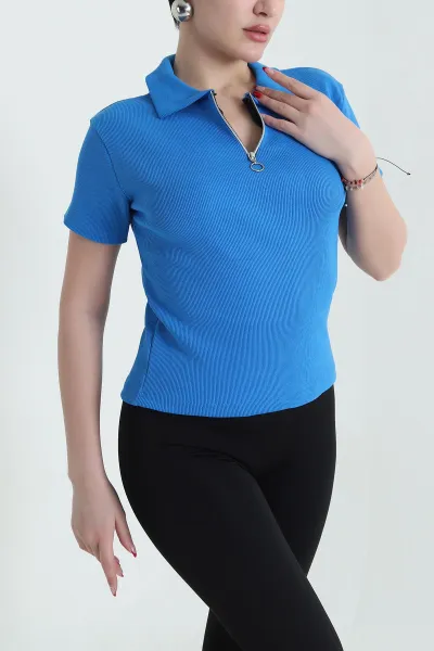 Saks Mavisi Yakası Fermuarlı Fitilli Kadın Tişört 433826