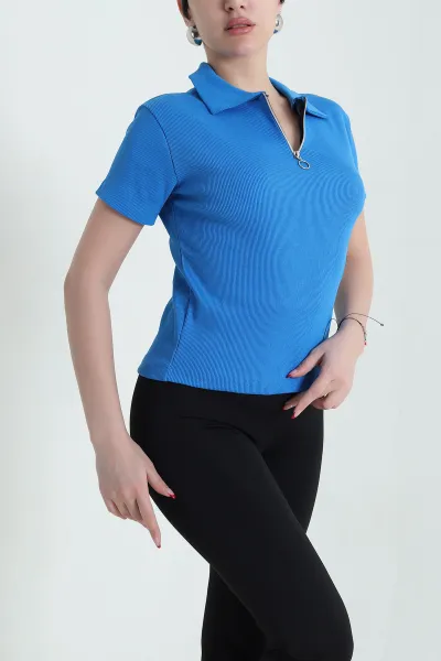 Saks Mavisi Yakası Fermuarlı Fitilli Kadın Tişört 433826
