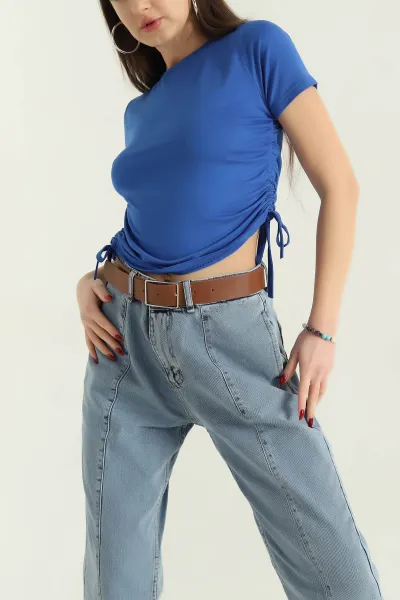 Saks Mavisi Yan Büzgülü Bluz 335243