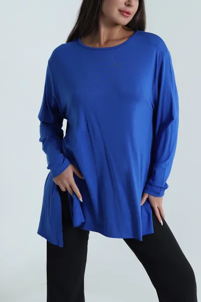 Saks Mavisi Yanı Yırtmaçlı Viskon Kadın Tunik 487396