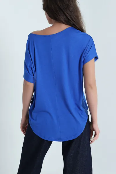 Saks Mavisi Yarasa Kol Oval Kesim Viskon Kadın Bluz 463326