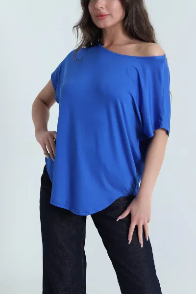 Saks Mavisi Yarasa Kol Oval Kesim Viskon Kadın Bluz 463326