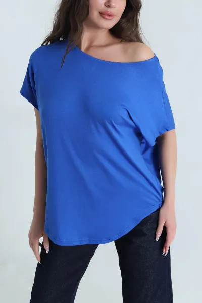 Saks Mavisi Yarasa Kol Oval Kesim Viskon Kadın Bluz 463326