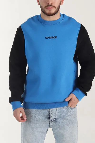 Saks Mavisi Yazı Detaylı Bisiklet Yaka Erkek Sweatshirt 404764