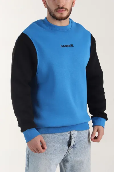 Saks Mavisi Yazı Detaylı Bisiklet Yaka Erkek Sweatshirt 404764