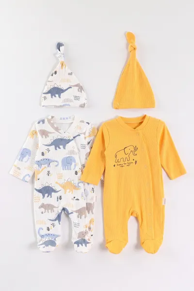 Sarı (0-3 Ay) Dinozor Baskılı   Raporlu ve Şapkalı 2'li Erkek Bebek Tulum 497965