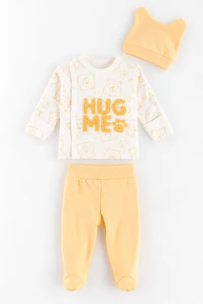 Sarı (0-3 Ay)Hug Me Süzene Nakışlı Patikli 3'lü Erkek Bebek Takım 477113