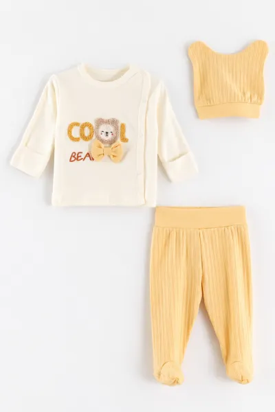 Sarı (0-3 Ay)Süzene Cool Nakışlı  Patikli ve Şapkalı Erkek Bebek 3'lü Takım 477131