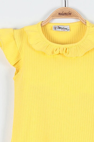 Sarı (0-4 Yaş) Fiyonklu Fitilli Yaka Cep Detaylı Şortlu Kız Bebe Takım 184802