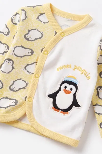 Sarı (0-6 Ay) Penguen Baskılı Patikli Şapkalı Bebek Zıbın Seti 477327