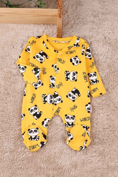 Sarı (0-9 Ay) Panda Baskılı Çıtçıtlı Patikli Erkek Bebe Tulum 180092