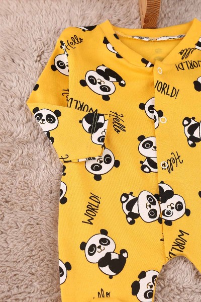 Sarı (0-9 Ay) Panda Baskılı Çıtçıtlı Patikli Erkek Bebe Tulum 180092