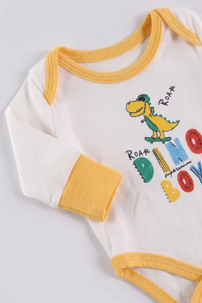 Sarı (0-9 Ay)Dinozor  Baskılı Çıt Çıtlı Badili Raporlu Erkek Bebek Takım 477404