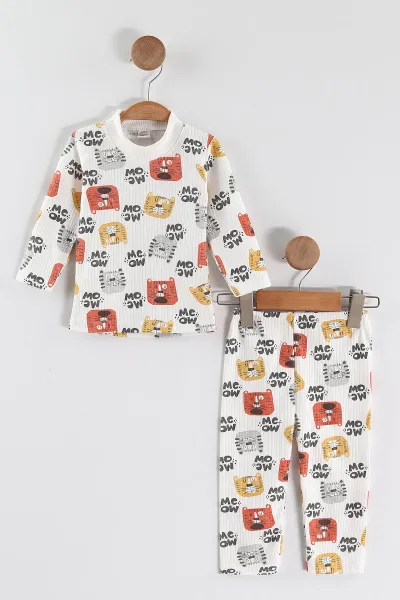 Sarı (1-3 Yaş) Kedi Desenli Raporlu Çocuk Pijama Takım 459399