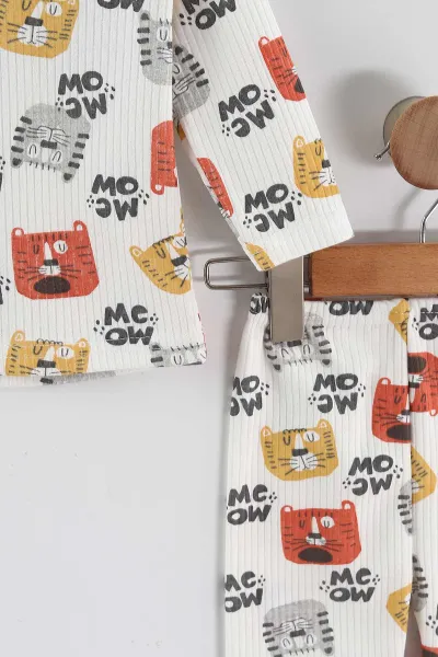 Sarı (1-3 Yaş) Kedi Desenli Raporlu Çocuk Pijama Takım 459399