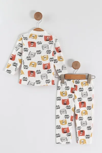 Sarı (1-3 Yaş) Kedi Desenli Raporlu Çocuk Pijama Takım 459399