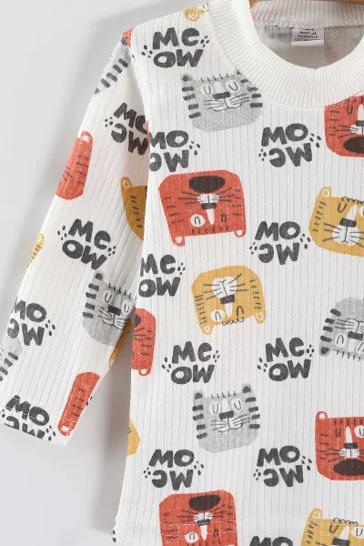 Sarı (1-3 Yaş) Kedi Desenli Raporlu Çocuk Pijama Takım 459399