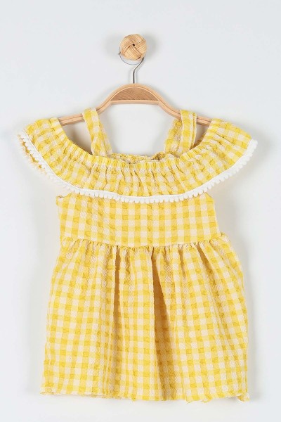 Sarı (1-3 Yaş) Kiraz Motifli Kareli Askılı Kız Çocuk Elbise 181123
