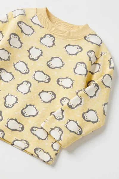 Sarı (1-3 Yaş) Penguen Desenli   Penye Bebek&Çocuk Pijama Takım 500372