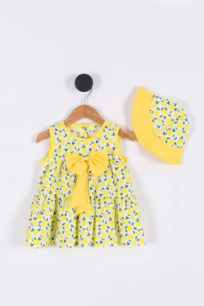 Sarı (1-3 Yaş) Şapkalı Limon Baskılı Kız Çocuk Elbise 272546