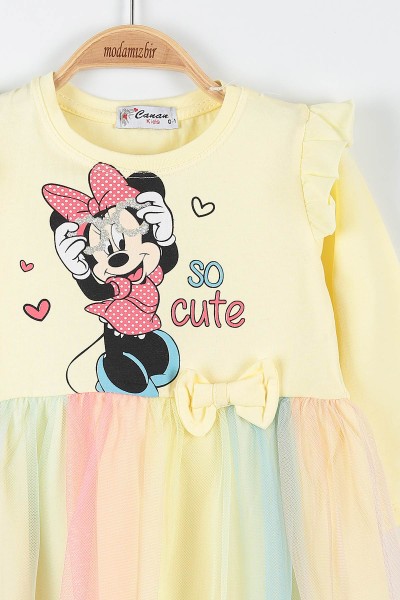 Sarı (1-4 Yaş) Minnie Mouse Baskılı Kız Çocuk Elbise 174908