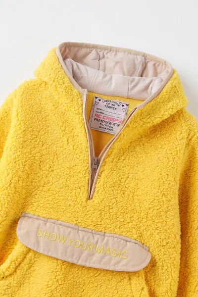 Sarı (1-8 Yaş)  Nakışlı Kapüşonlu Kanguru Cepli Yarım Fermuarlı Kuzu Kız &Bebek Çocuk Sweatshirt 497456