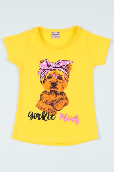 Sarı (1-6 yaş) Gözlüklü Köpek Baskılı Kız Çocuk Tişört 106920