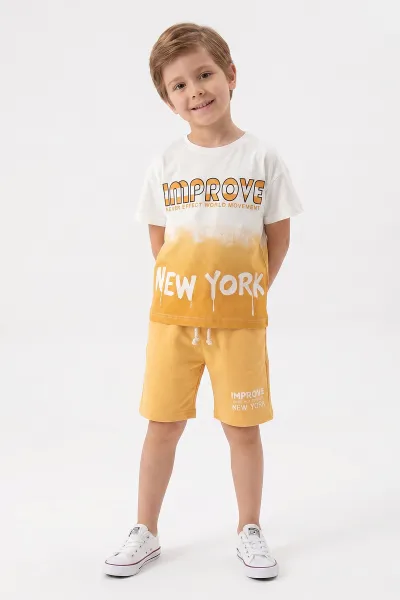 Sarı (1-9 Yaş) New York Baskılı Tişörtlü ve Şortlu Erkek Çocuk Yazlık Takım 463140