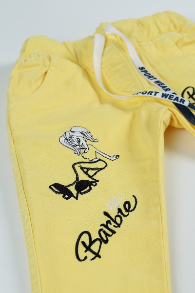 Sarı (2-5 Yaş) Barbie Baskılı Lastikli Kız Çocuk Kot Pantolon 91400